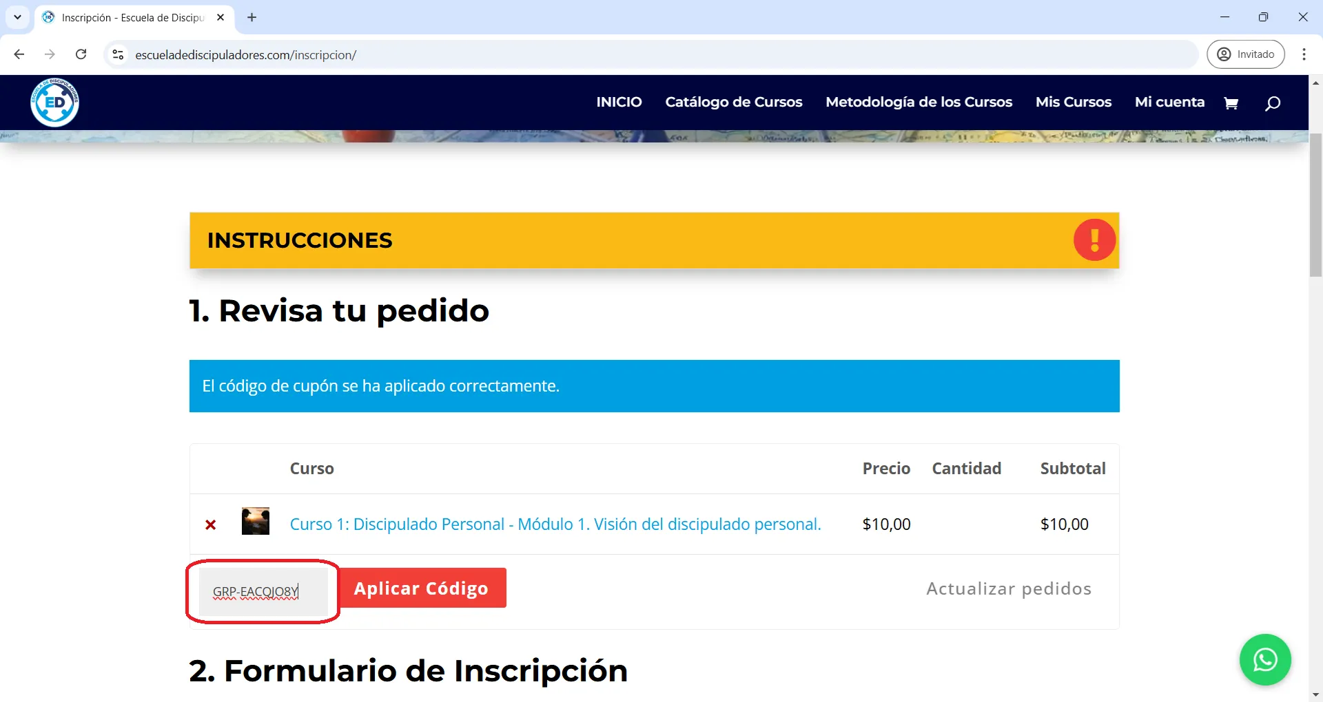 Código grupal ingresado