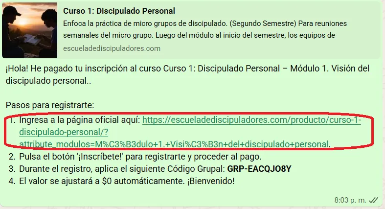 Mensaje WhatsApp Cupos Grupales